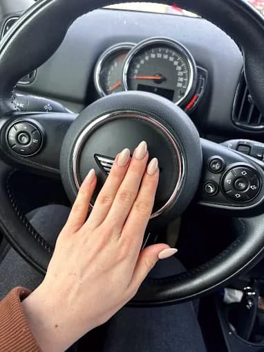 A soft nude almond set resting on a steering wheel
